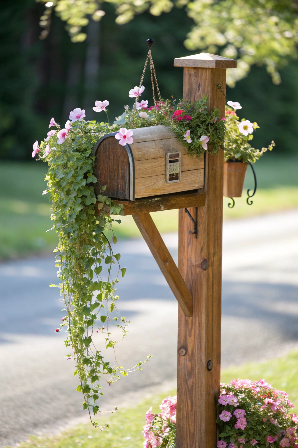 A handcrafted mailbox post with a charming hanging planter—where functionality meets garden beauty.