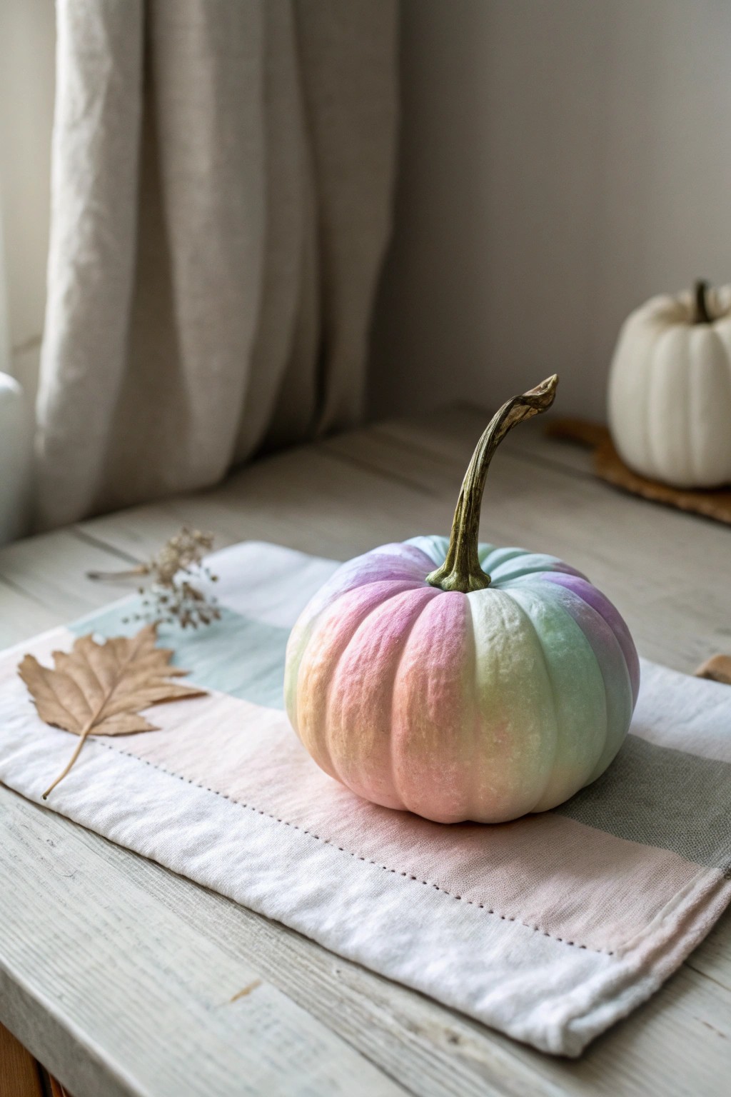 Pastel rainbow ombre brings a dreamy touch to mini pumpkins—Scandi simplicity meets sweet Boho charm.