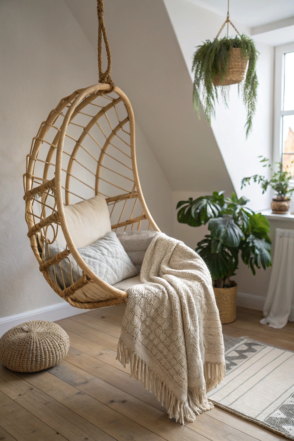 A dreamy rattan hanging chair—the perfect cozy nook for modern teen bedrooms.