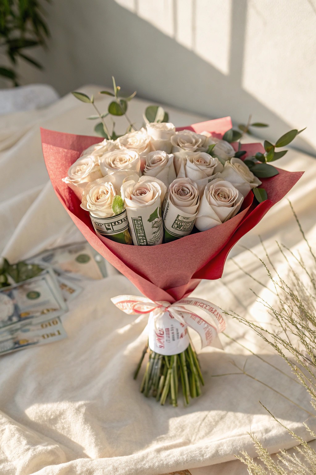 Minimalist money-wrapped rose bouquet—craftsmanship meets elegance.