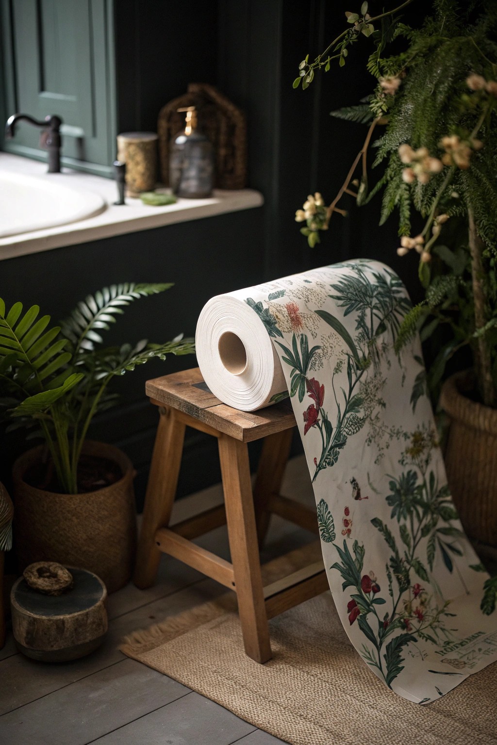 Moody botanical wallpaper: bring midnight garden vibes into your bathroom sanctuary.