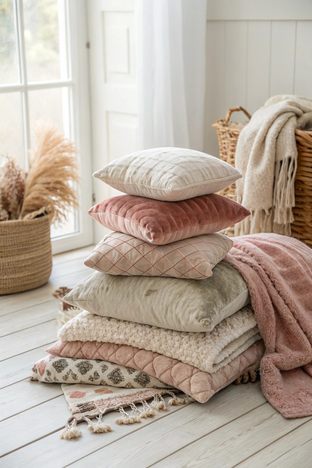 Create a cozy movie night nest with layered, textured cushions on the floor.