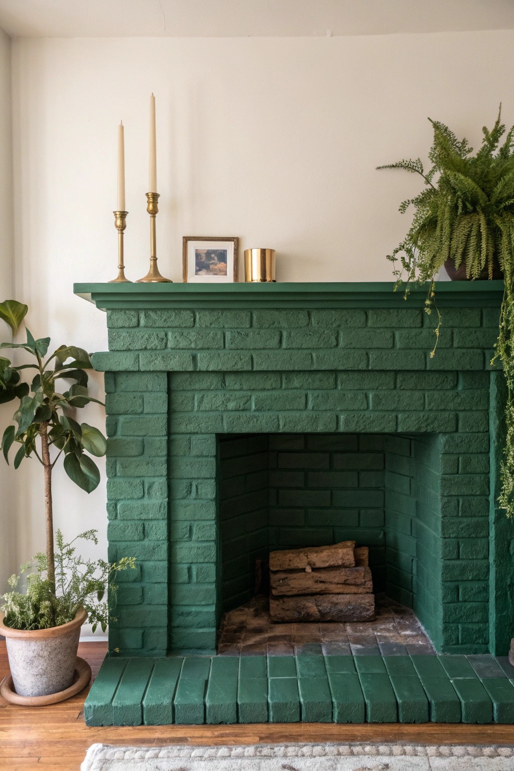 Bring the outdoors in with a deep green painted fireplace—simple, grounding, and beautifully crafted.