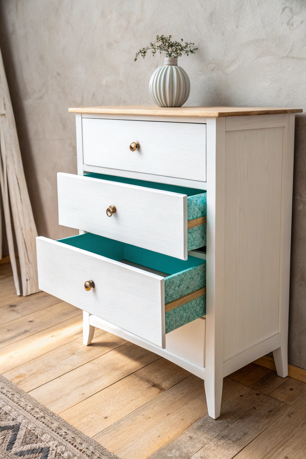 A hidden pop of color—turquoise drawer interiors for a joyful surprise.