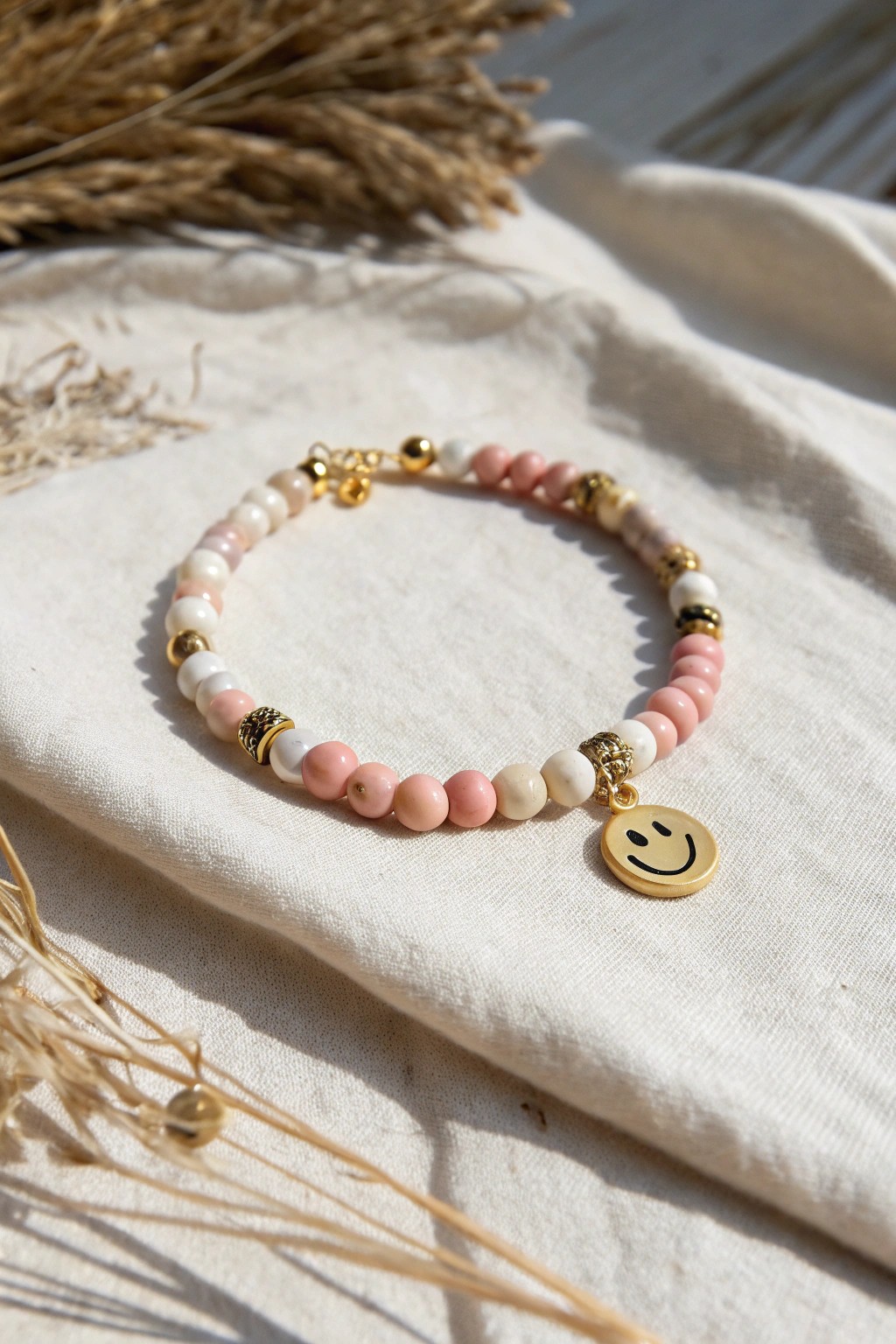 Minimalist charm: a playful smiley bead bracelet with a boho touch.