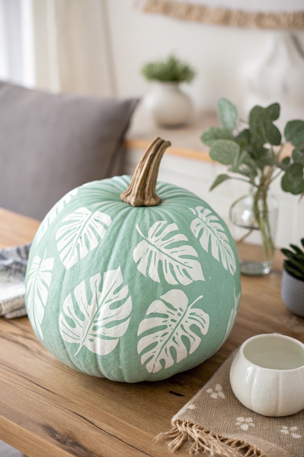 Monstera magic: A botanical twist on minimalist pumpkin art.