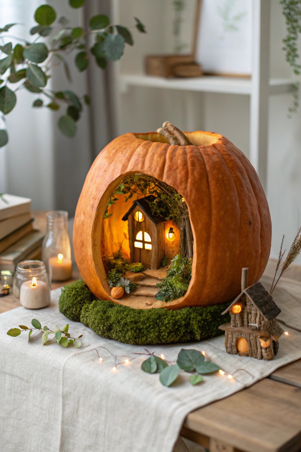 Step inside autumn magic: a handcrafted woodland scene nestled in a pumpkin.