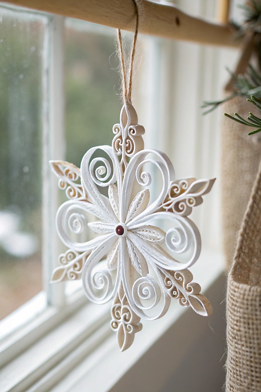 Handcrafted quilled snowflake: minimalist winter magic for your home.