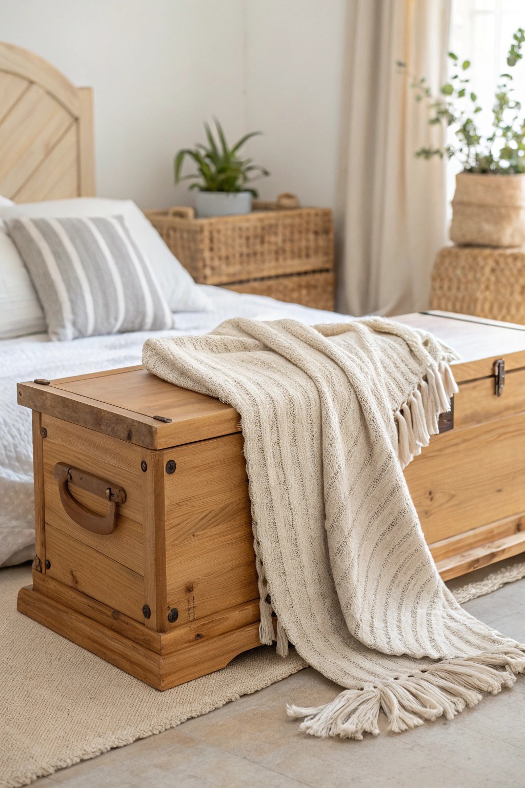 Elevate your bedroom with a handcrafted storage trunk—style meets function at the foot of your bed.