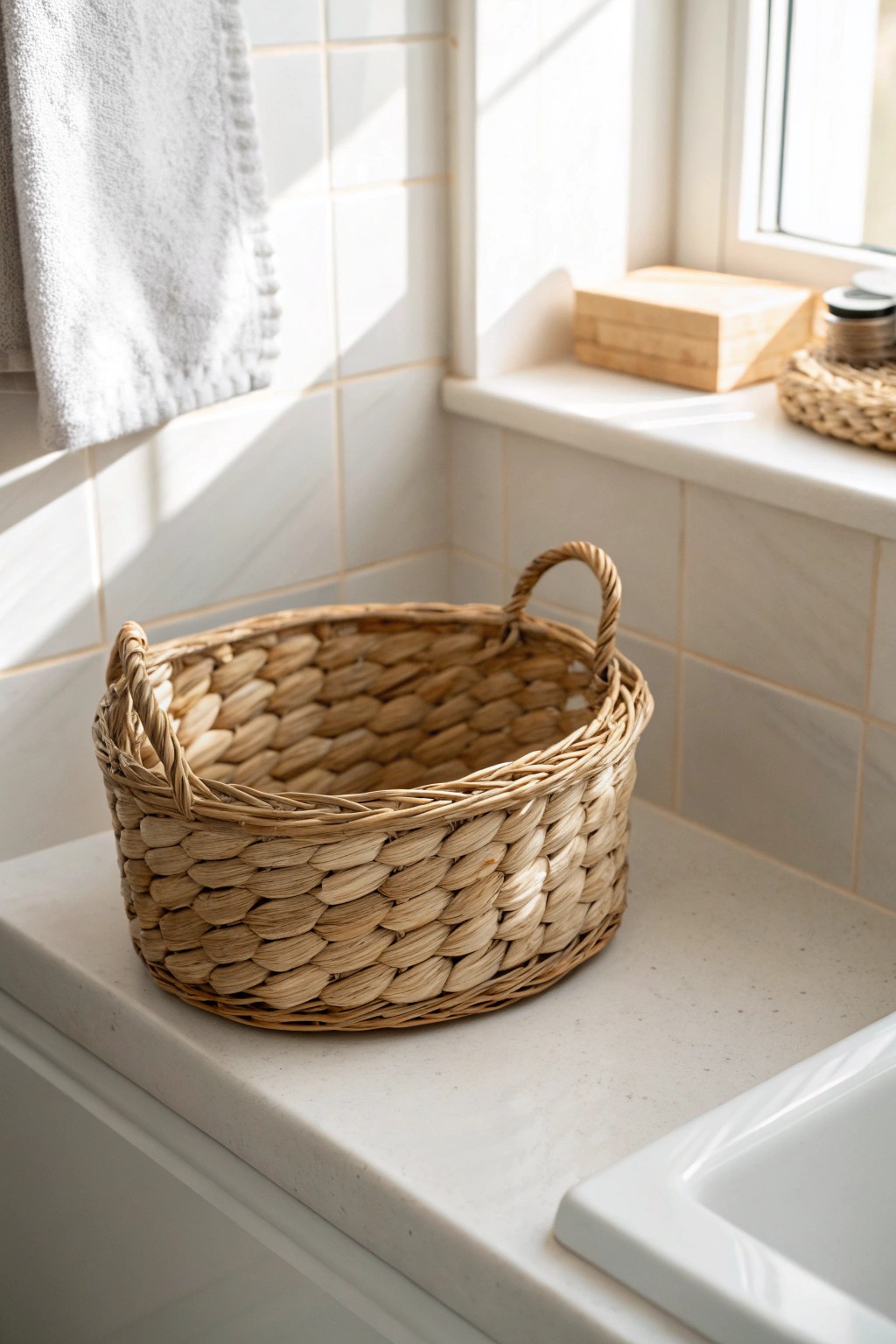 Effortless bathroom organization: a beautiful woven basket for stylish, instant tidiness.
