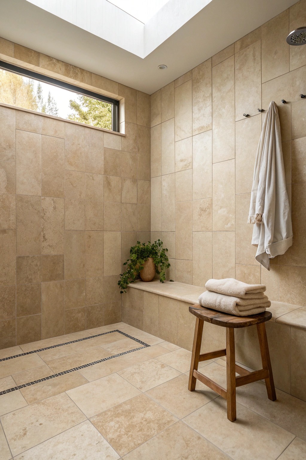 Elevate your small bathroom with seamless, large-format tiles and natural accents.