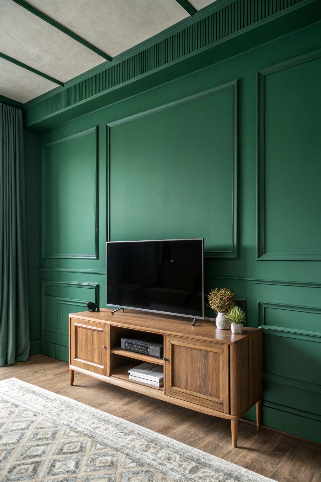 Monochrome magic: Deep green hues and crafted wood create a spacious, serene TV nook.