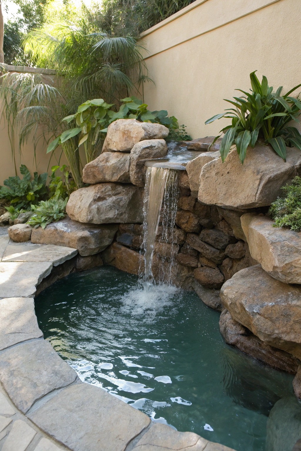 Elevate your small pool with a handcrafted rock waterfall for natural beauty and soothing sounds.