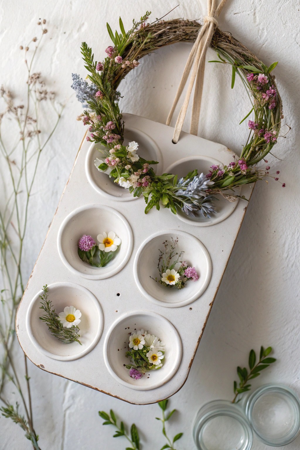 Chic spring wreath: a muffin tin makeover blending minimalism and boho charm.