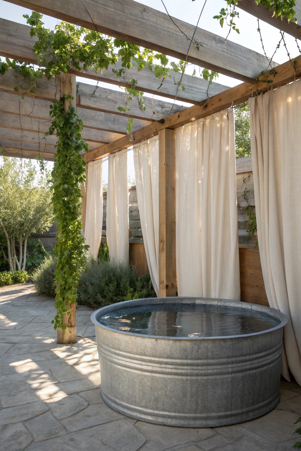 Tranquil pergola-covered stock tank pool—simple shade, timeless beauty.