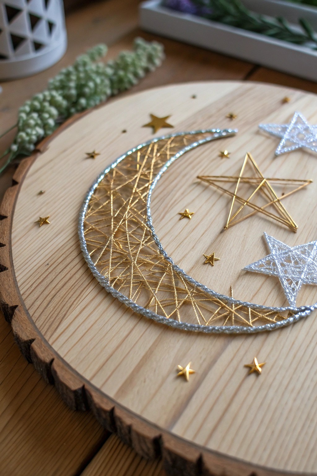 Minimalist moon & stars string art—cosmic beauty meets Scandinavian simplicity.