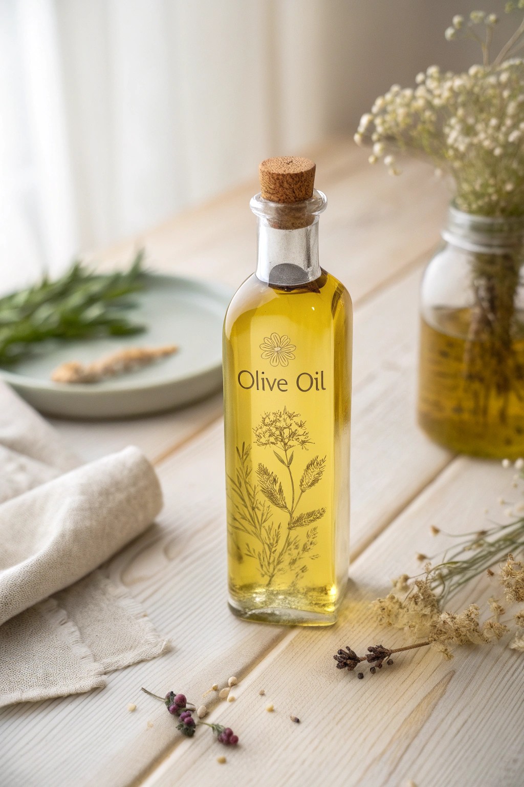 A handcrafted mini olive oil bottle with a bespoke watercolor label—Scandi-minimalist charm for your special day.