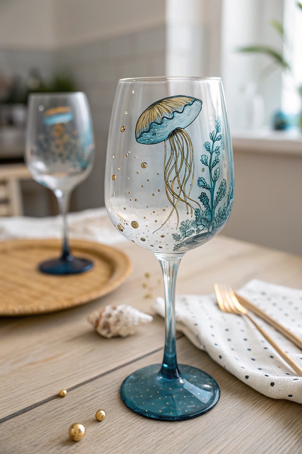 Dive into creativity—underwater-inspired wine glass painting with a touch of gold shimmer.
