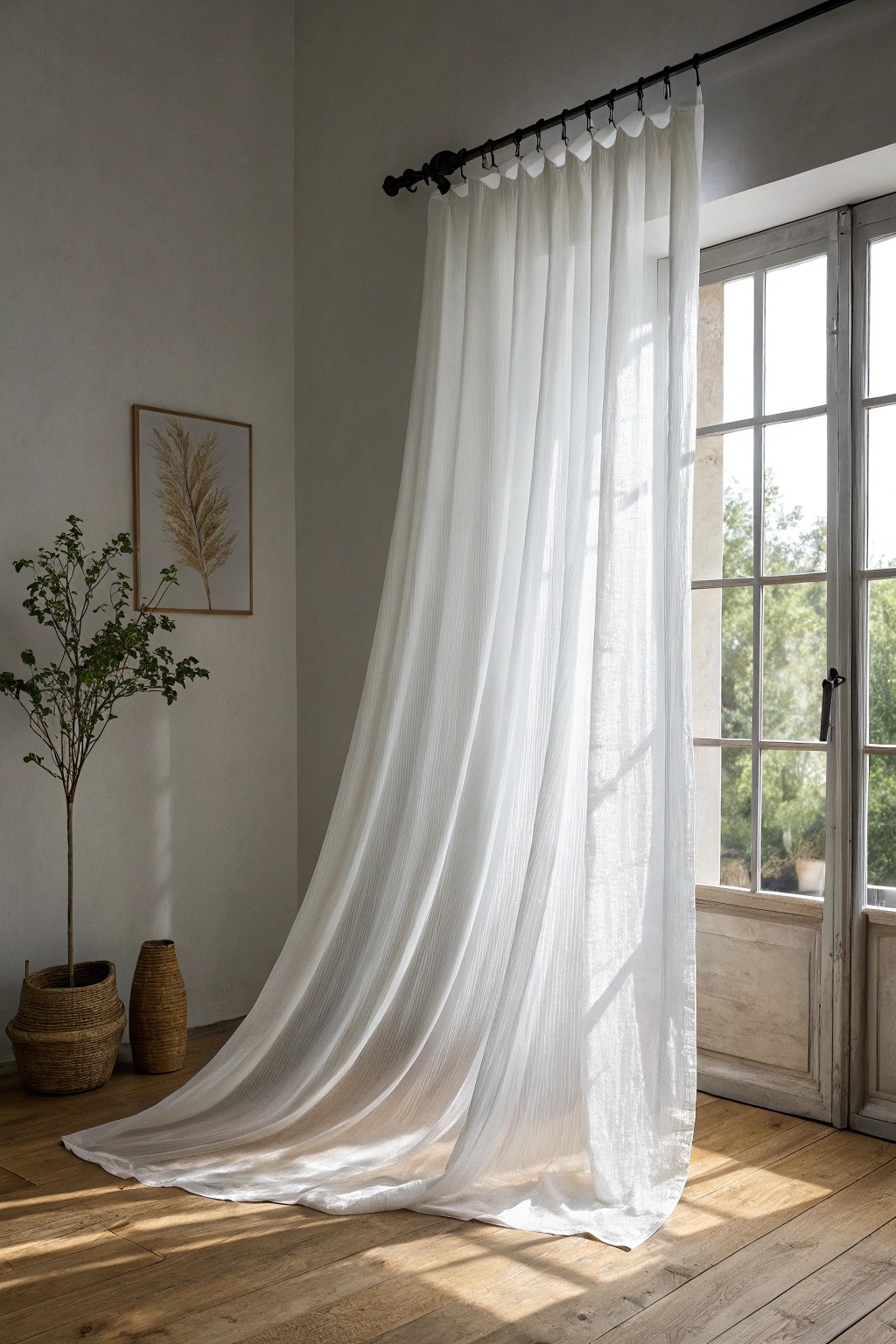 Elevate your small living room with sheer, floor-to-ceiling drapes for effortless elegance and light.