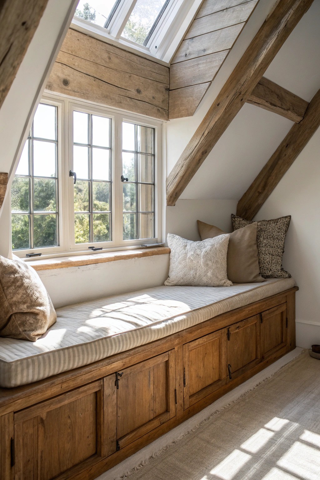 Cozy window bench—your perfect attic reading escape.