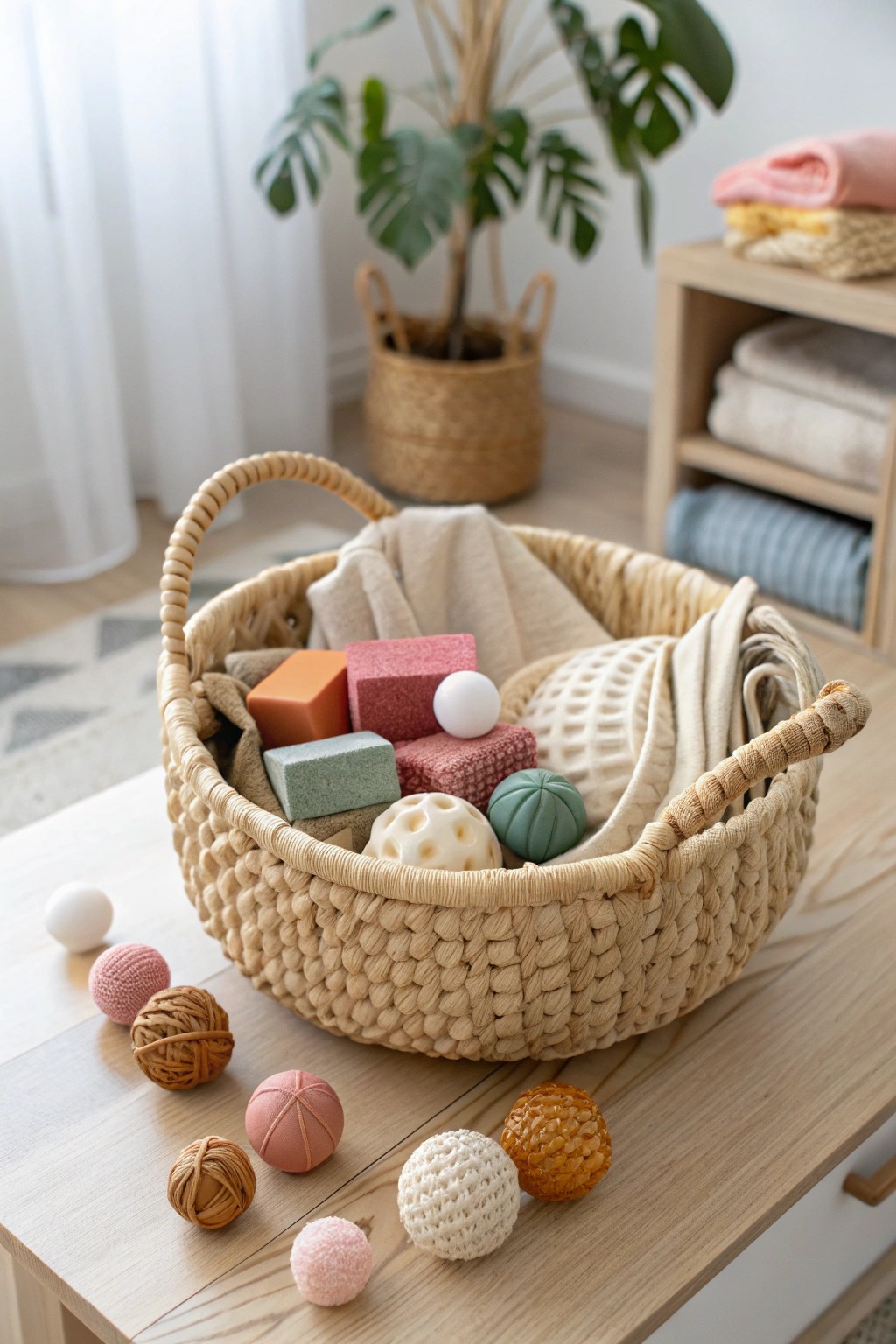 A handcrafted sensory play basket—thoughtful, playful, and beautiful for baby’s first adventures.