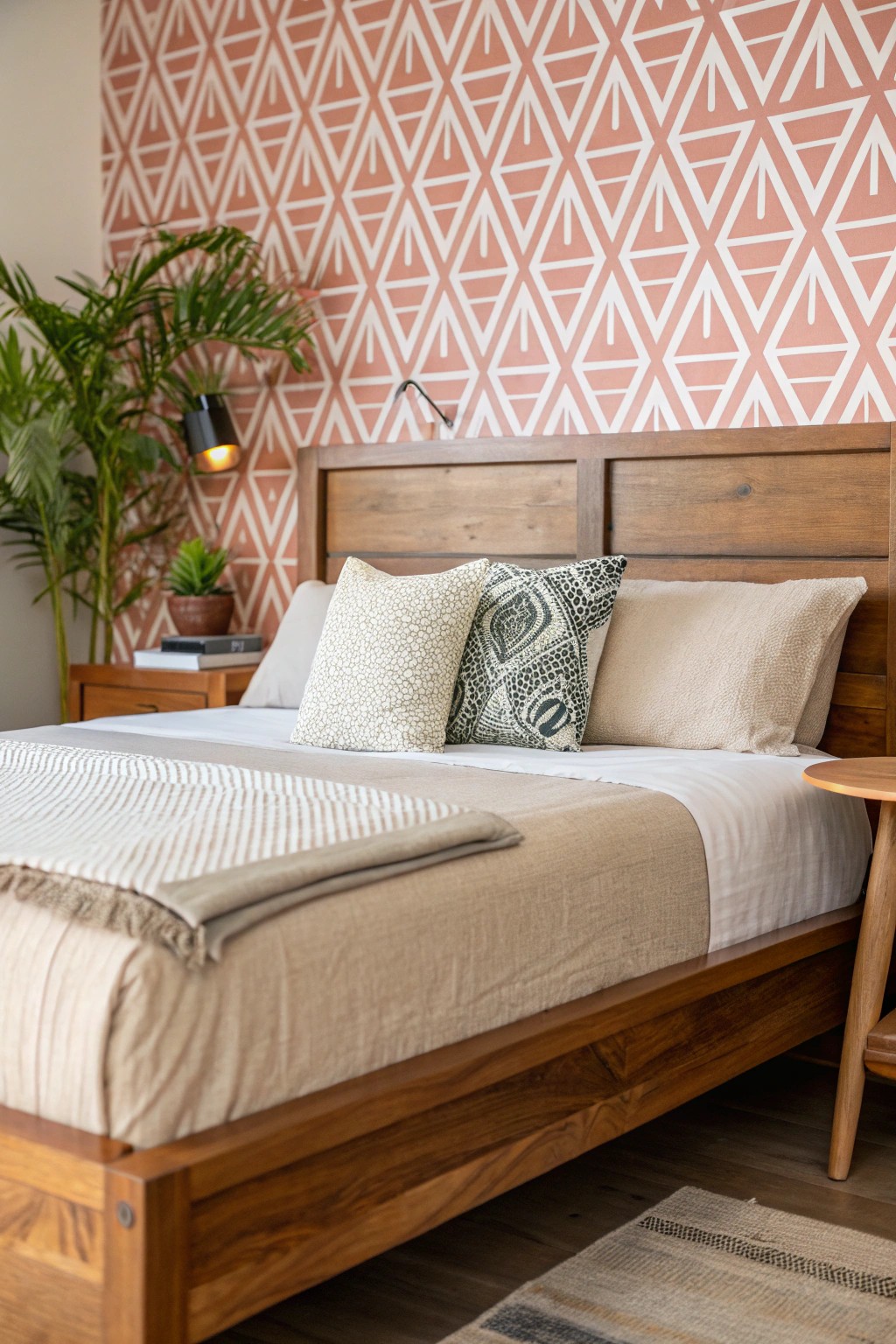 Transform your bedroom with a bold geometric wallpaper accent—simple, striking, and full of natural beauty.