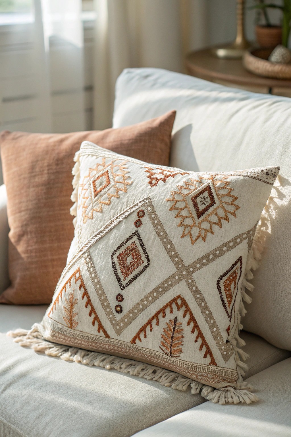 Effortless Boho Charm: Elevate your living room with a beautifully patterned, handcrafted pillow.