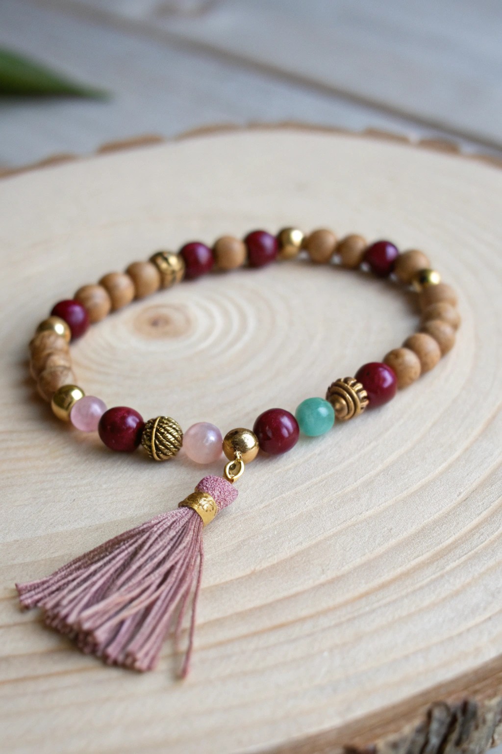 A harmonious blend: wood, glass, and metal beads create a bold boho-chic bracelet.