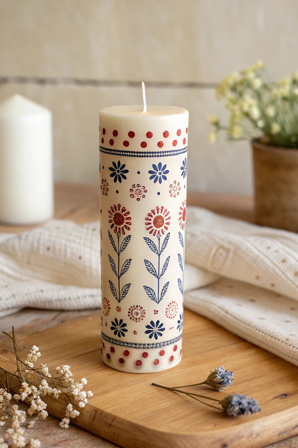 Hand-painted candle with vintage block print patterns—timeless charm for your table.