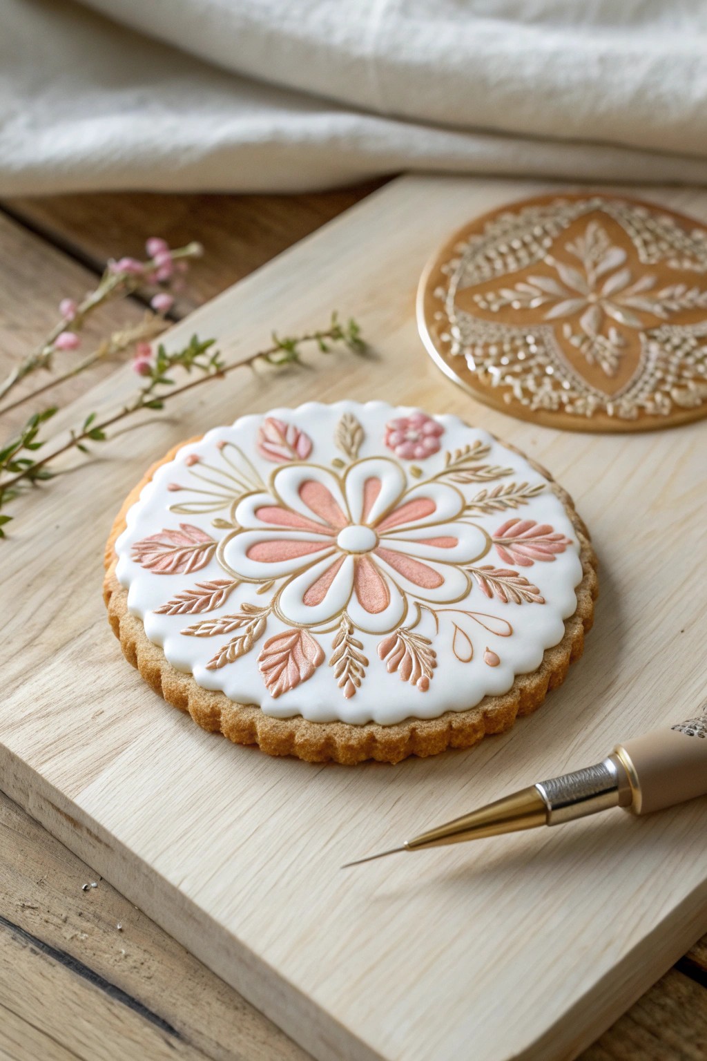 Scandinavian-inspired cookie art: effortless elegance with stencils and airbrush.
