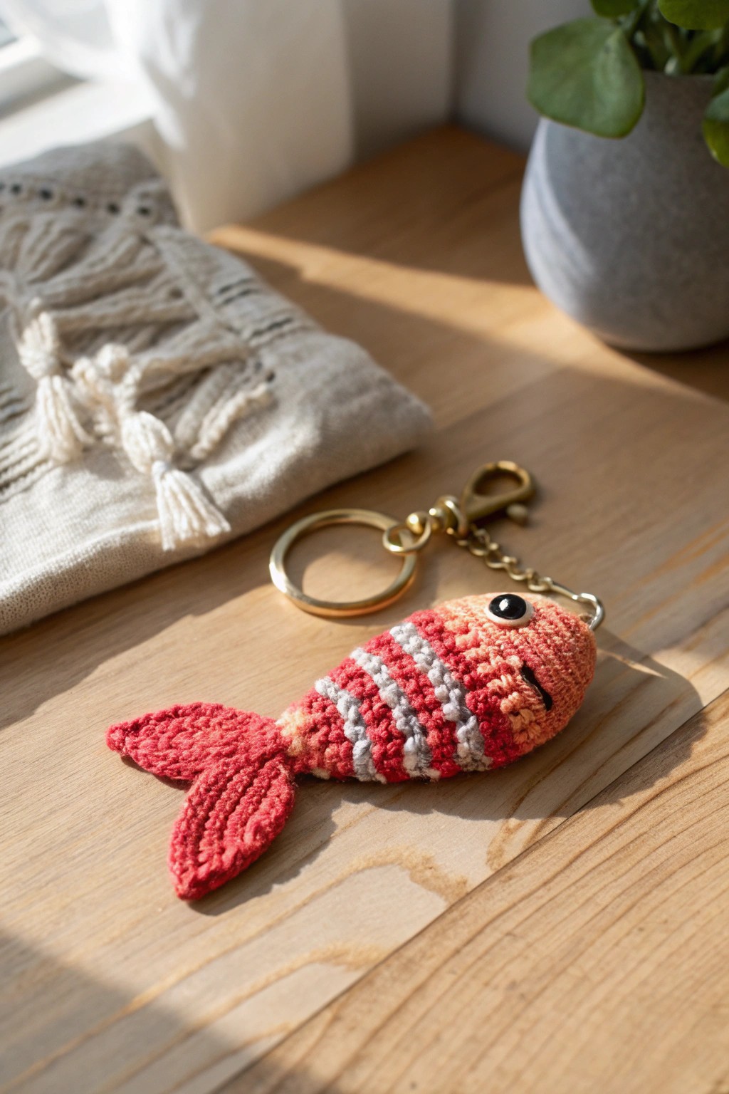 Make a splash with this bold crochet fish keychain—where Scandinavian chic meets playful summer vibes.