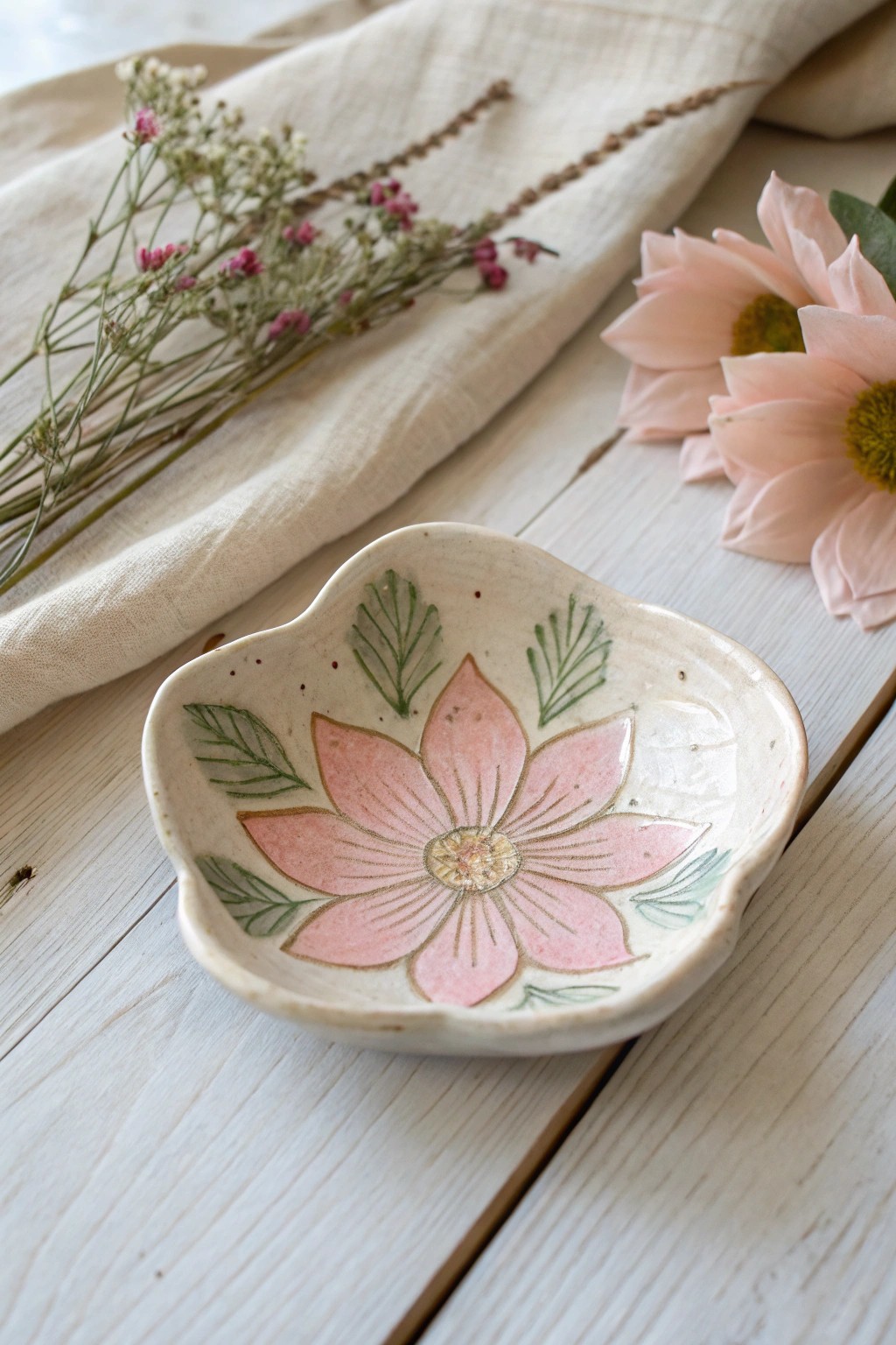 Handcrafted floral trinket dish—where artful simplicity meets natural beauty.