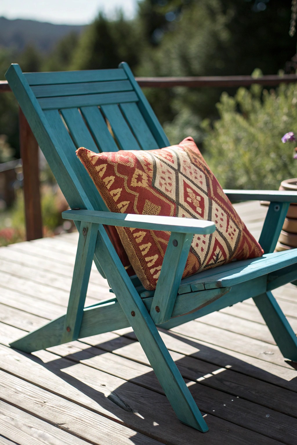 A bold teal deck chair brings cheerful color and handcrafted charm to any outdoor space.
