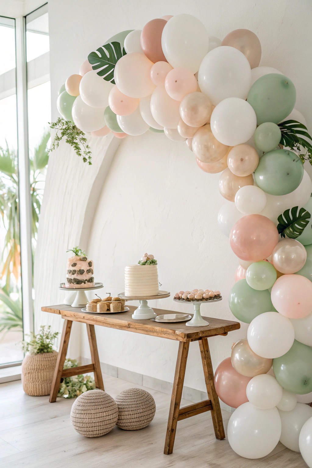 Elevate your dessert table with a stunning minimalist balloon arch centerpiece.