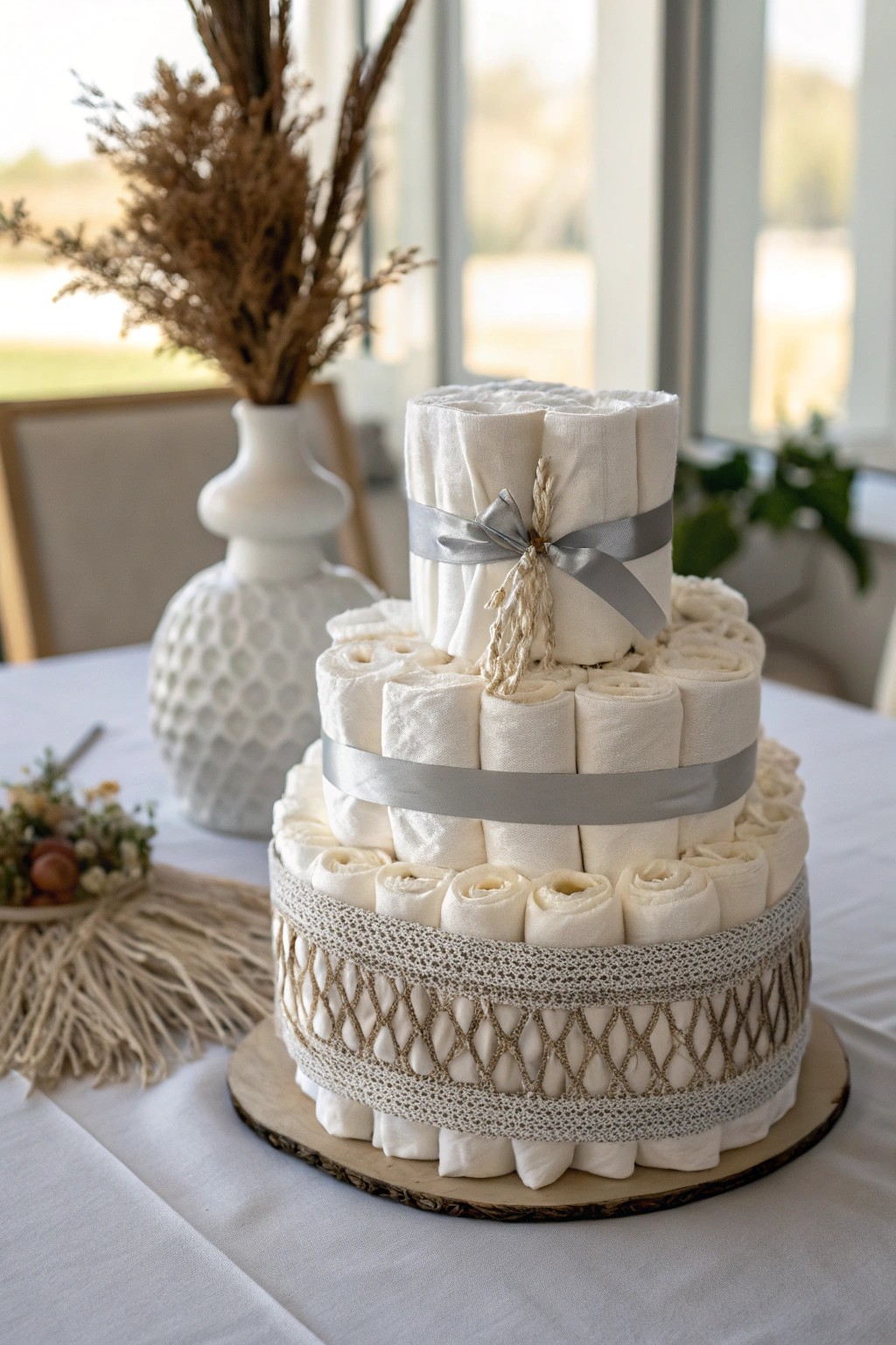 Chic & Modern: An elegant monochrome diaper cake for a stylishly simple celebration.