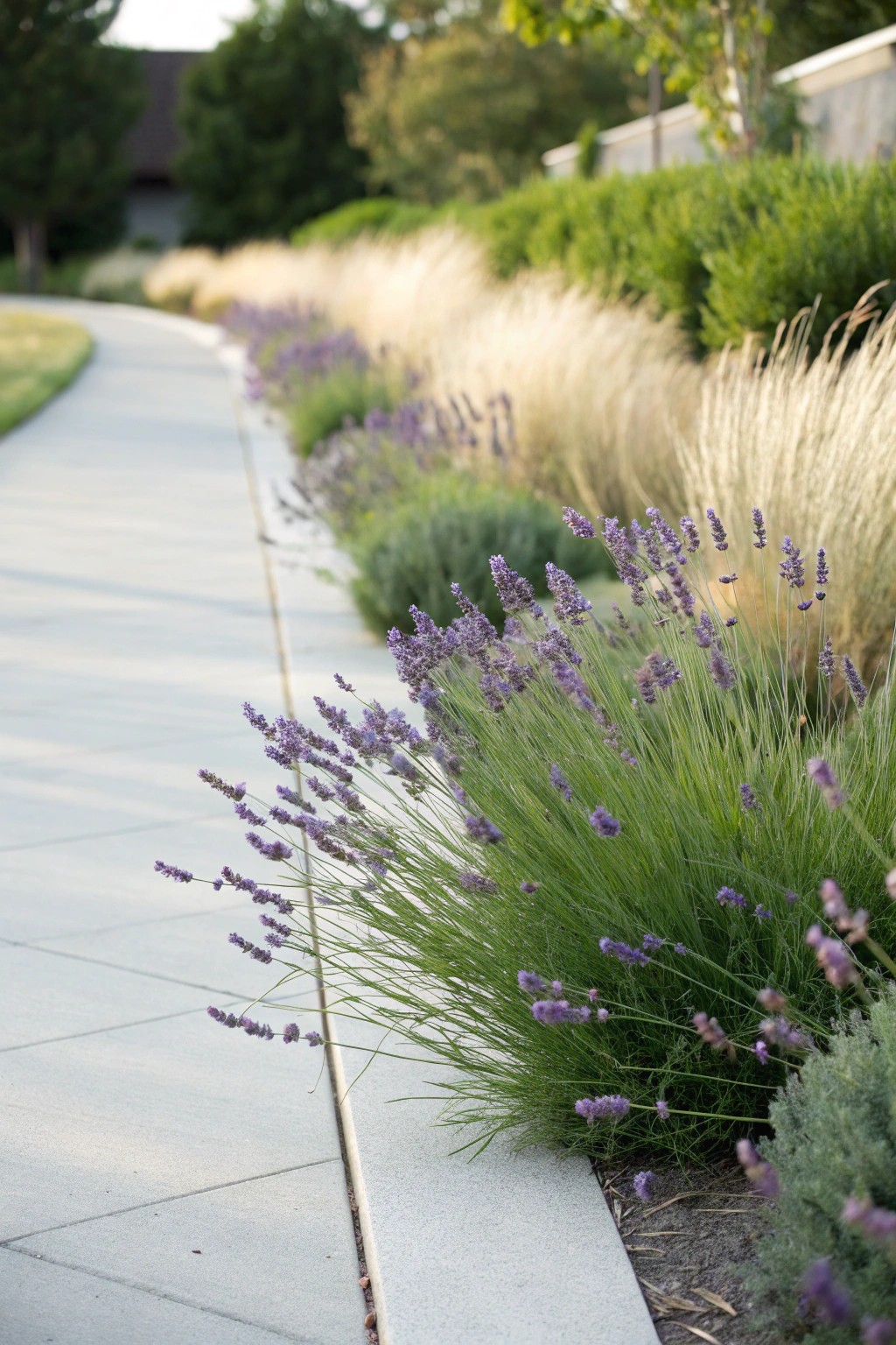 Elevate your driveway with a serene border of lavender and grasses—where nature meets craftsmanship.