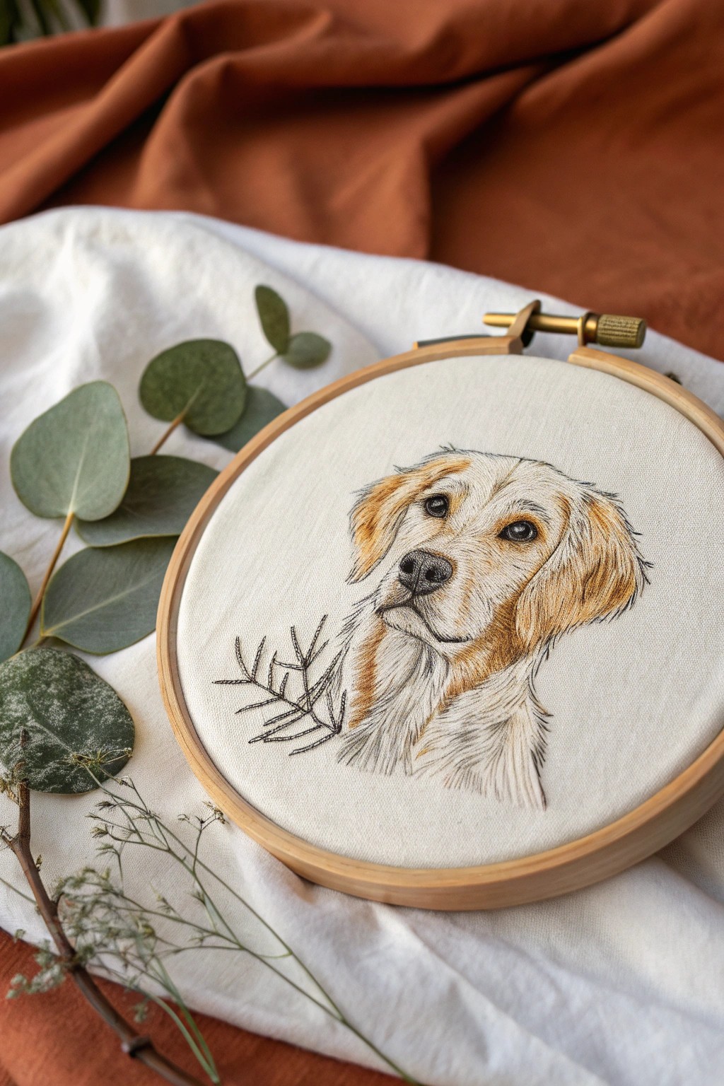 Hand-stitched pet portrait: a heartwarming blend of minimalism and bold color, perfect for gifting.