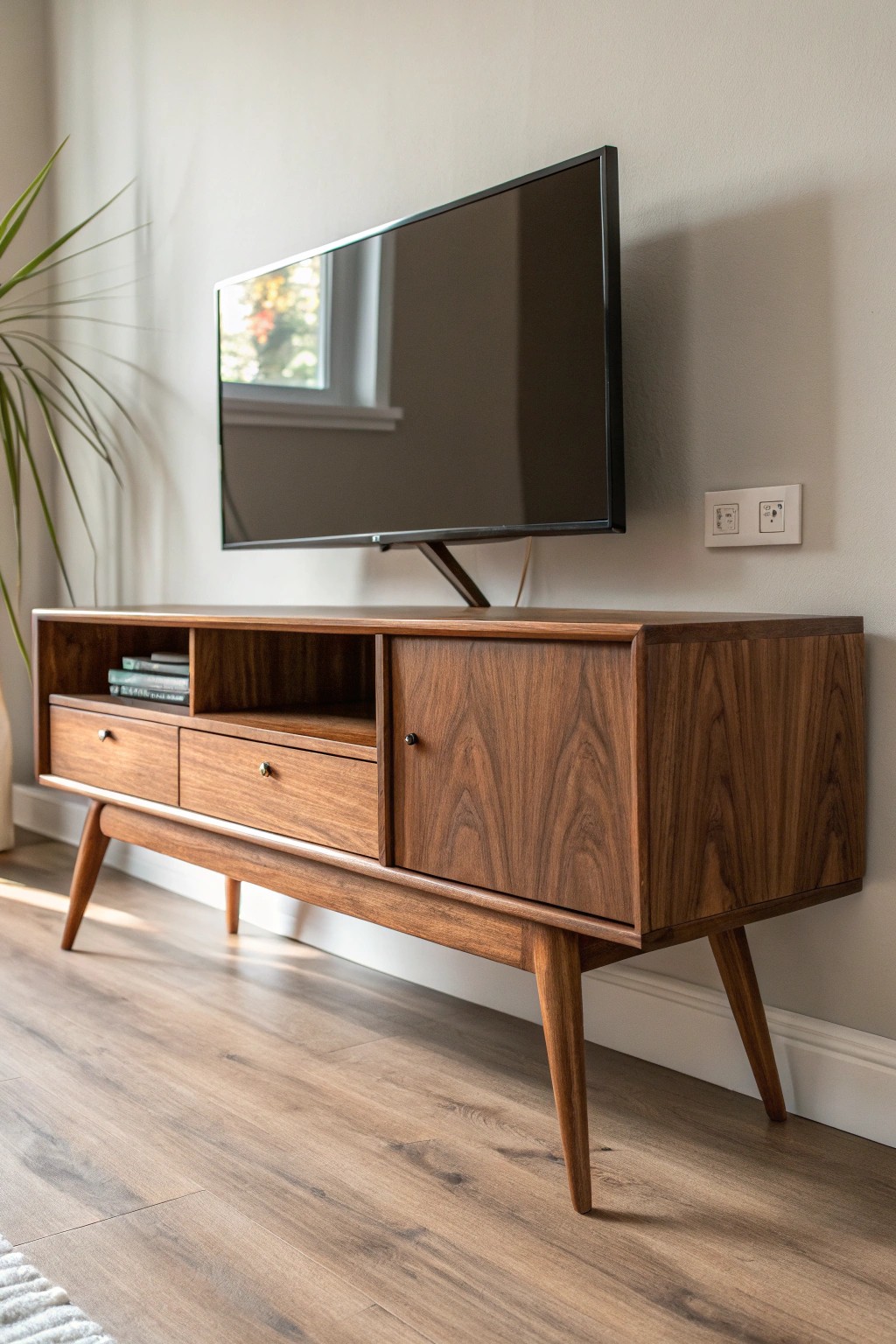 Timeless elegance: A mid-century modern TV stand brings warmth and style to any living space.