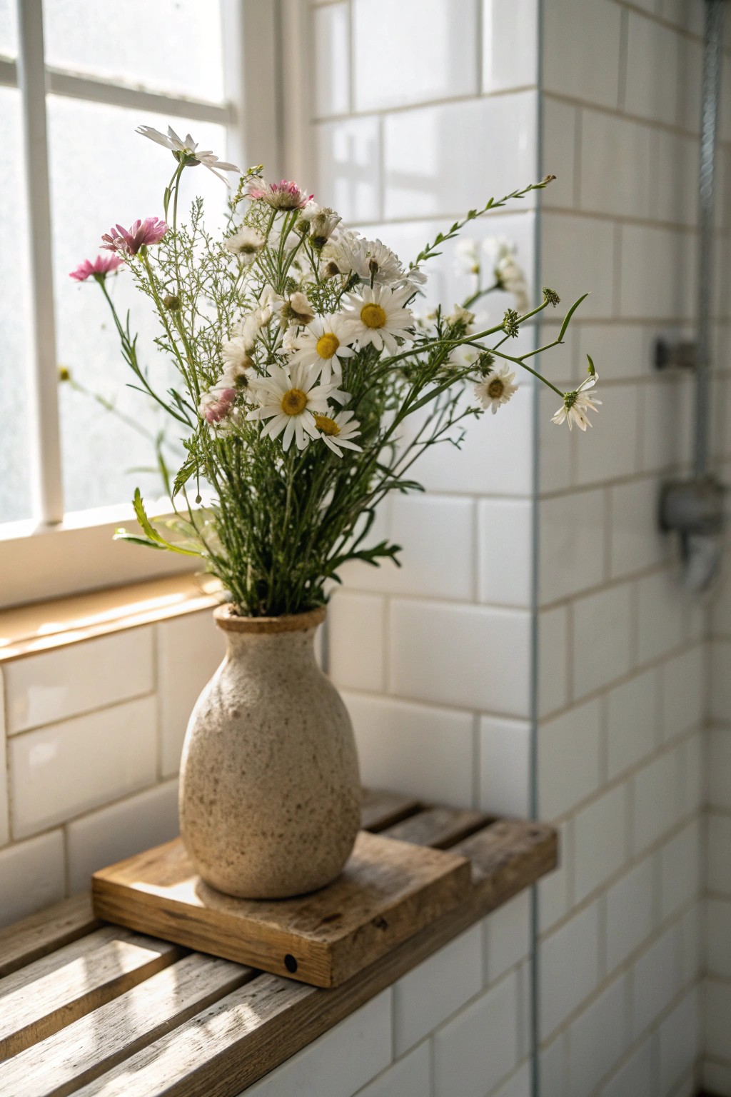 Bring farmhouse freshness into your bathroom with a simple vase of wildflowers.