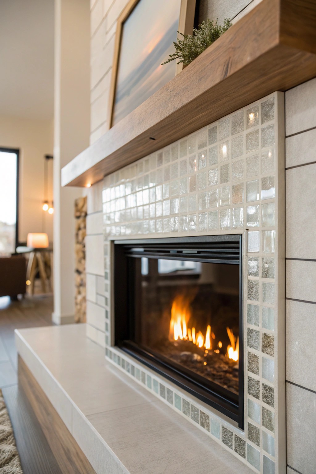 Elevate your fireplace with radiant glass tile sophistication.