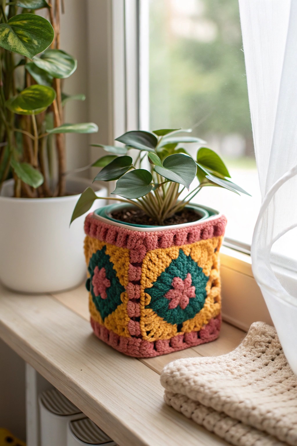 Brighten your greenspace with a bold, handcrafted granny square plant cozy.