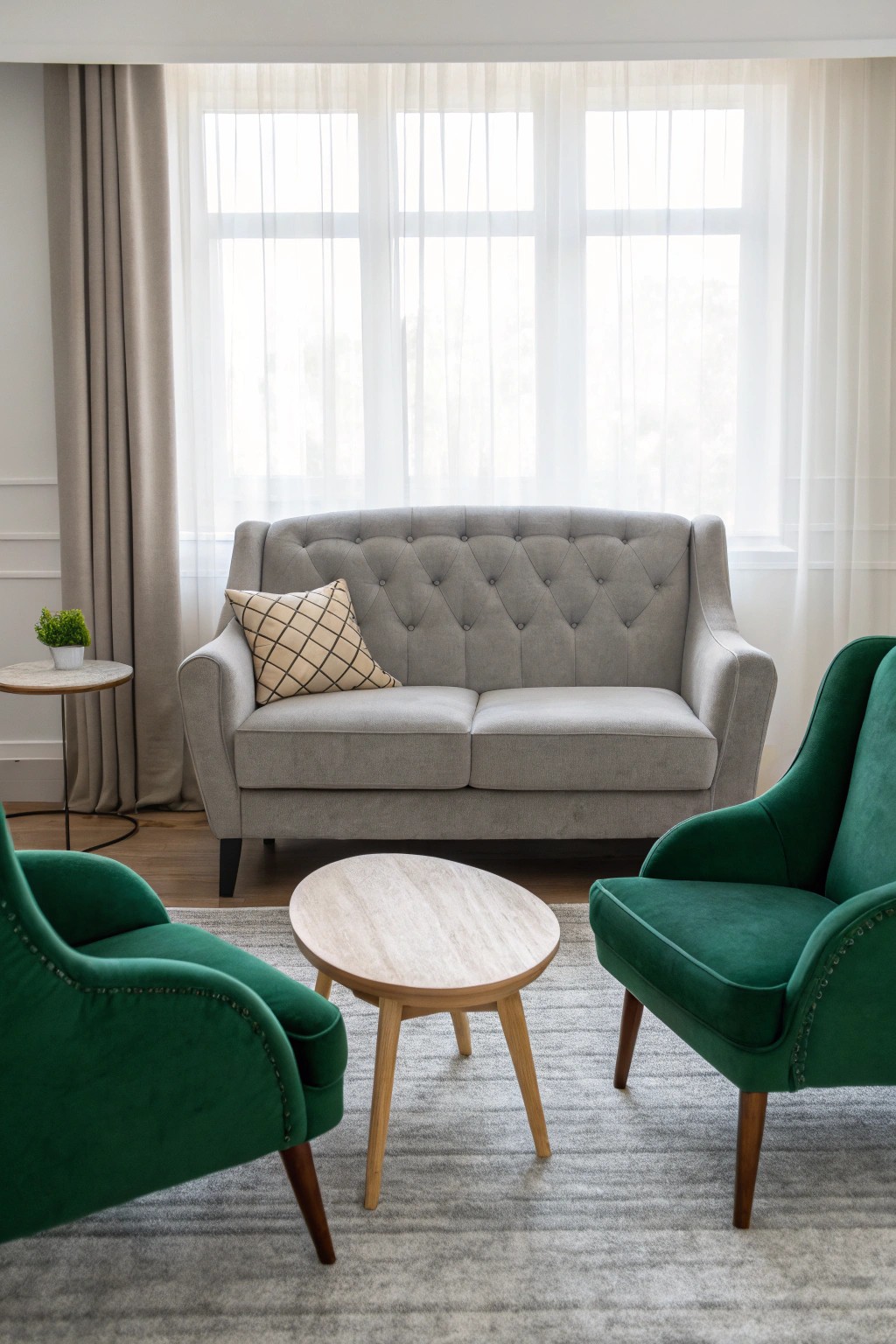 Elevate your space with symmetrical style—pair bold accent chairs with a timeless grey sofa.