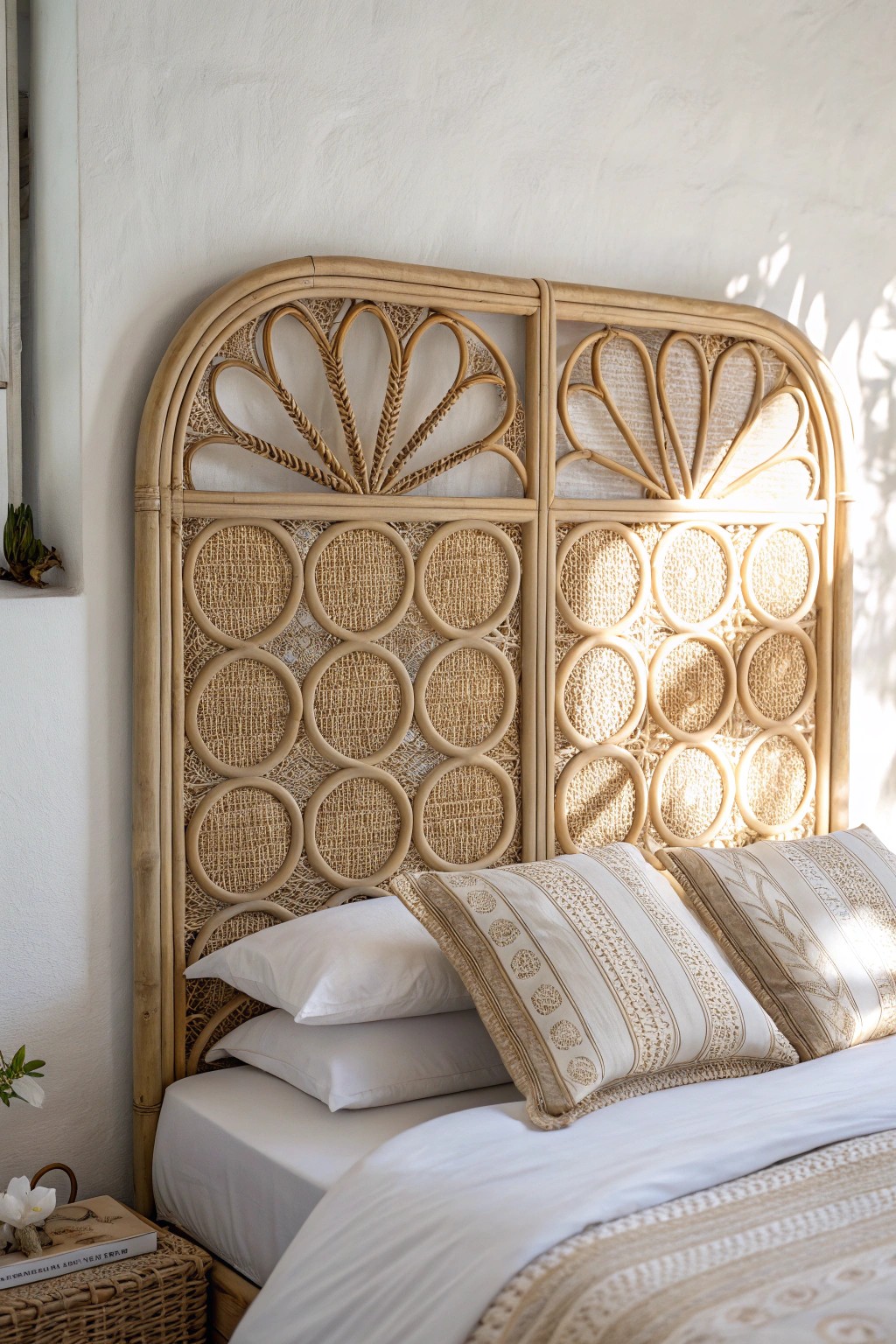 Elevate your bedroom with the natural beauty of a caned rattan headboard.