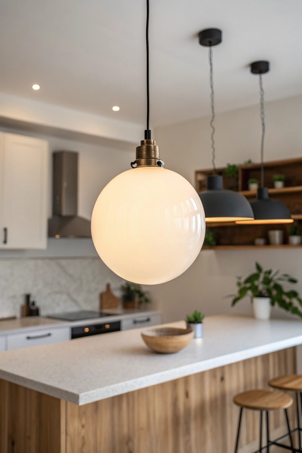 A frosted globe light brings soft elegance to your kitchen island.