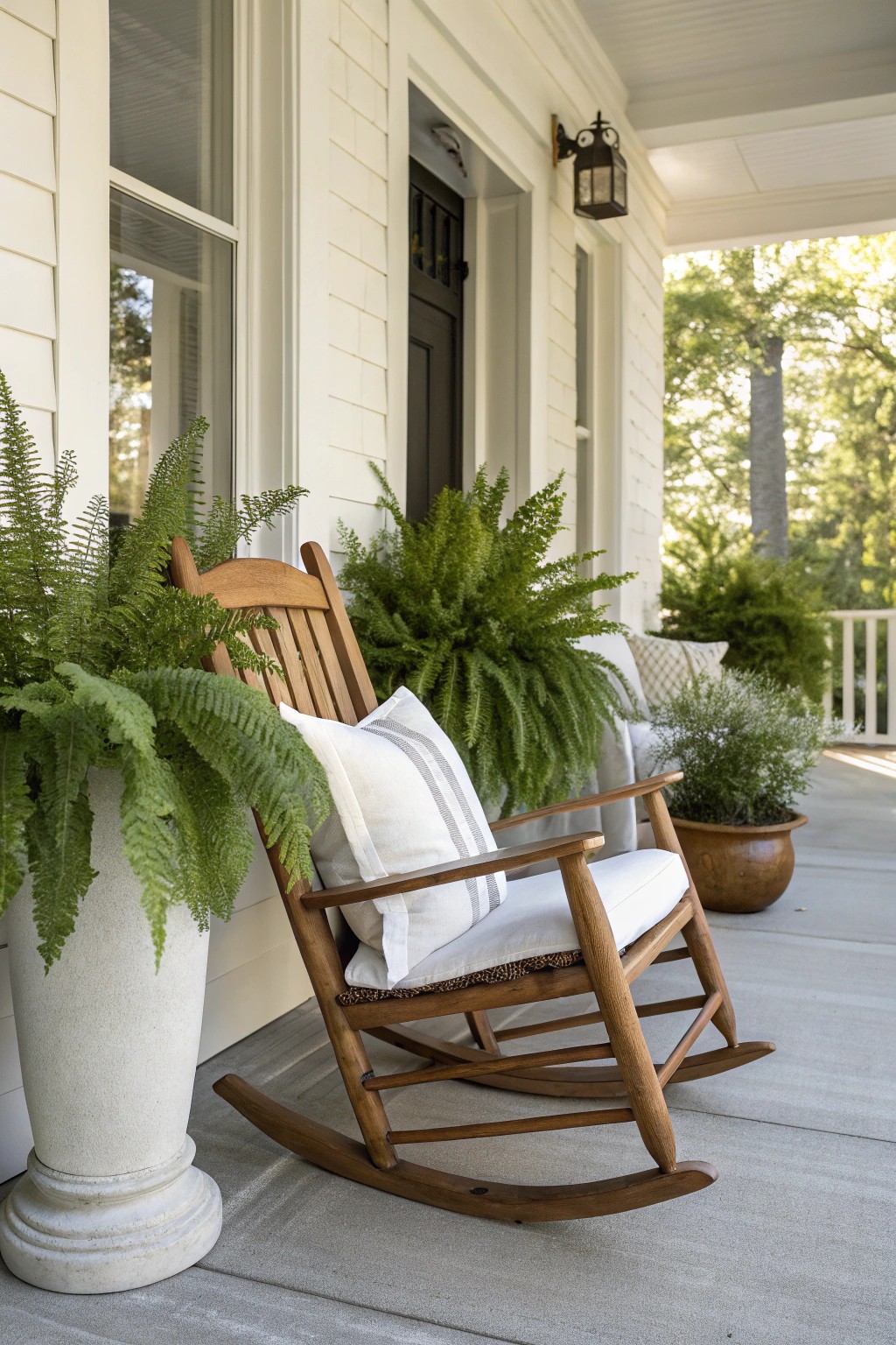Start your mornings in style—embrace natural beauty and cozy comfort on your front porch.