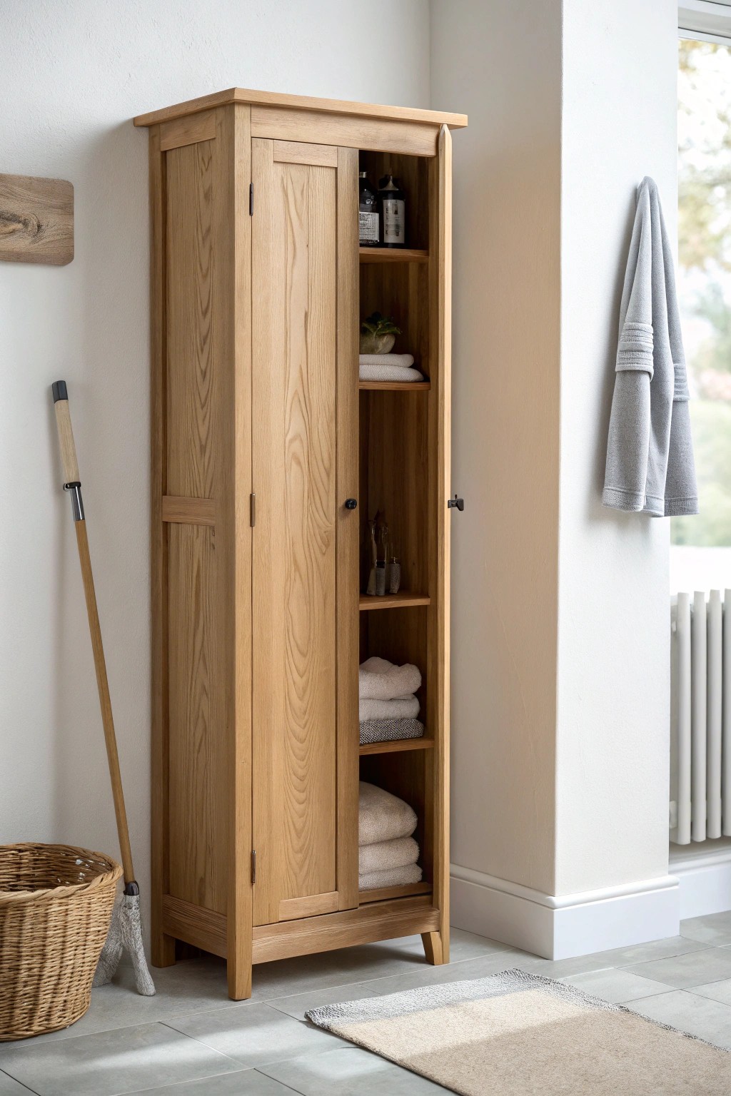 A beautifully crafted tall utility cabinet—where simplicity meets smart storage.