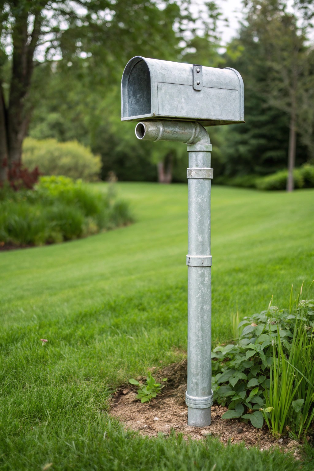 Industrial elegance: a handcrafted galvanized steel mailbox post brings urban chic to the garden.