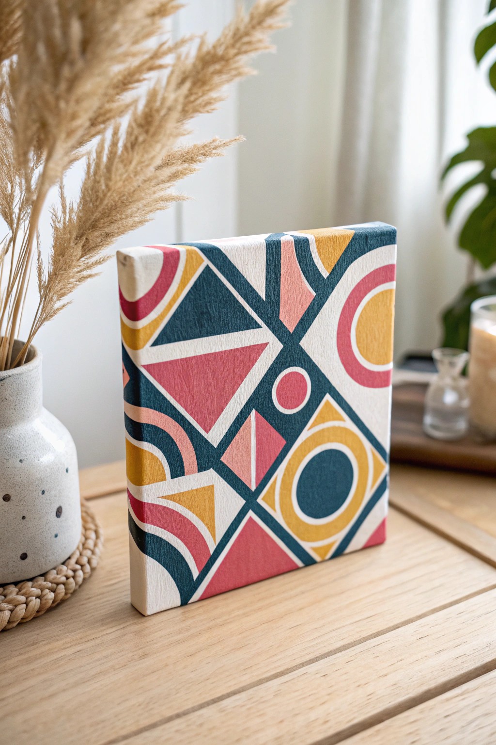 Bold geometric patterns make mini canvases pop—perfect for a chic, creative touch.
