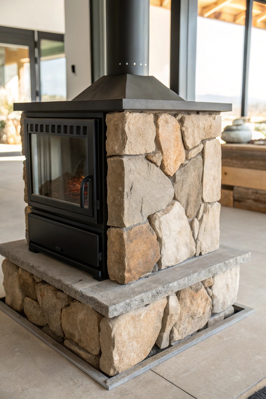 A striking fusion of rough stone and smooth metal—modern fireplace artistry at its finest.