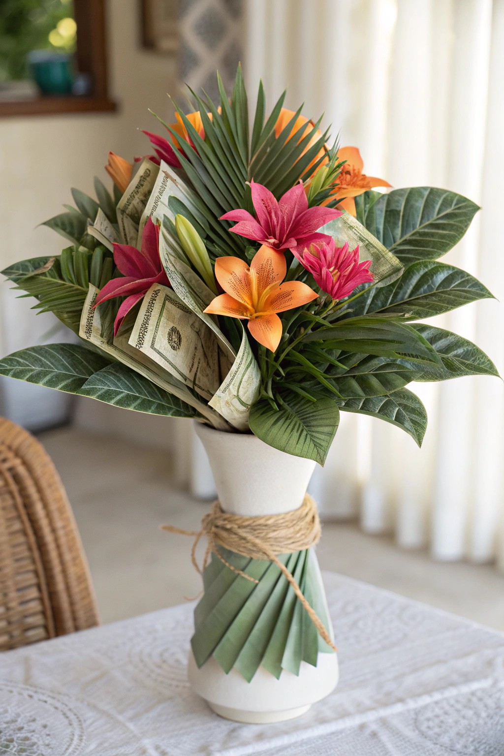 Bring vacation vibes home with this tropical money bouquet—where bold color meets minimalist charm.